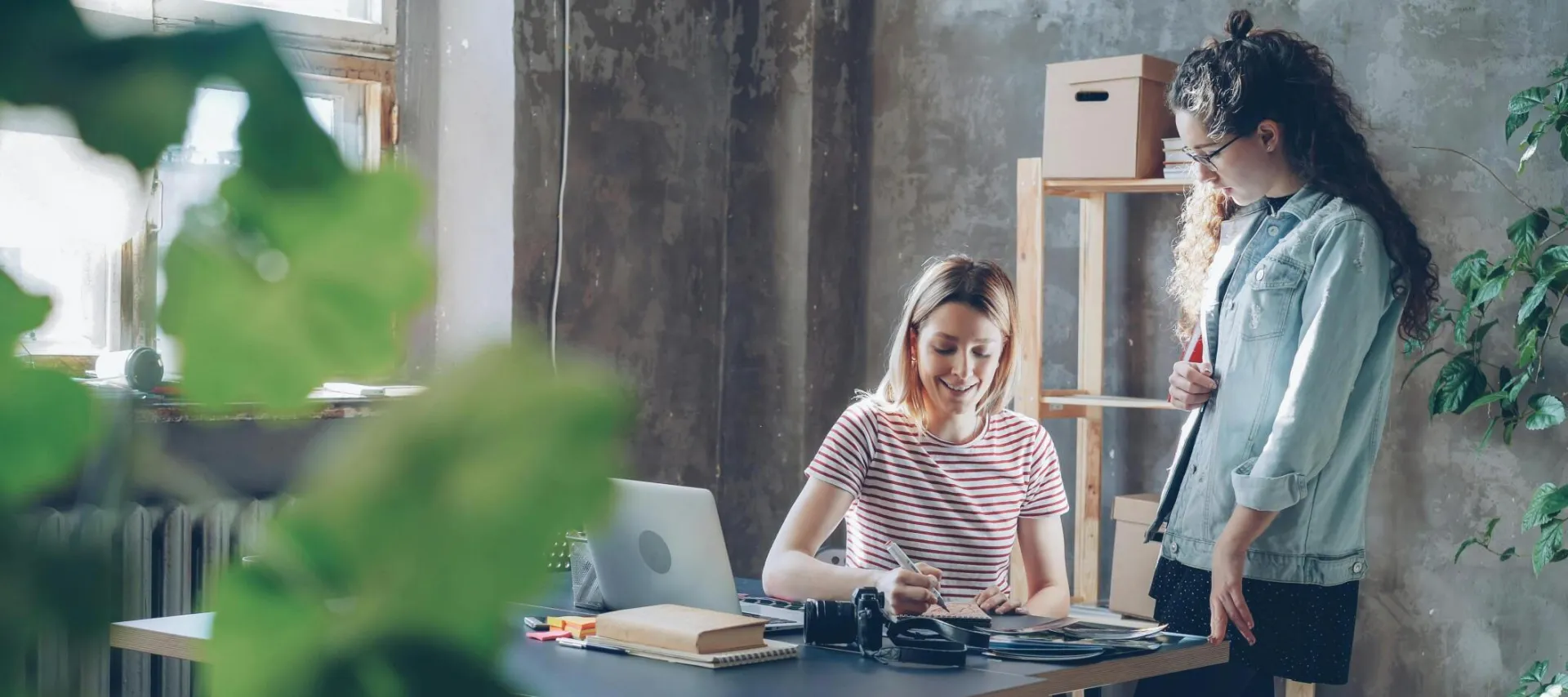 Two women working together at a desk in a modern, plant-filled office.
