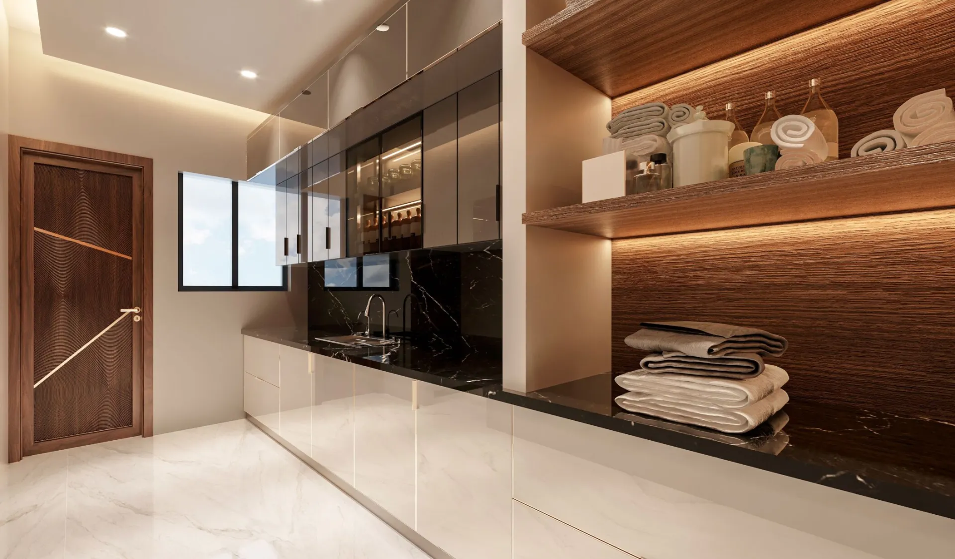 Sleek modern kitchen interior with glossy surfaces, wooden accents, and abundant natural lighting.
