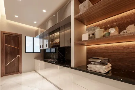 Sleek modern kitchen interior with glossy surfaces, wooden accents, and abundant natural lighting.