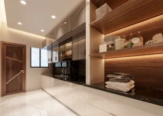 Sleek modern kitchen interior with glossy surfaces, wooden accents, and abundant natural lighting.