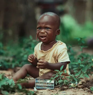 A young child sitting outdoors in Ghana, expressing joy amidst nature. Captures the essence of carefree childhood.