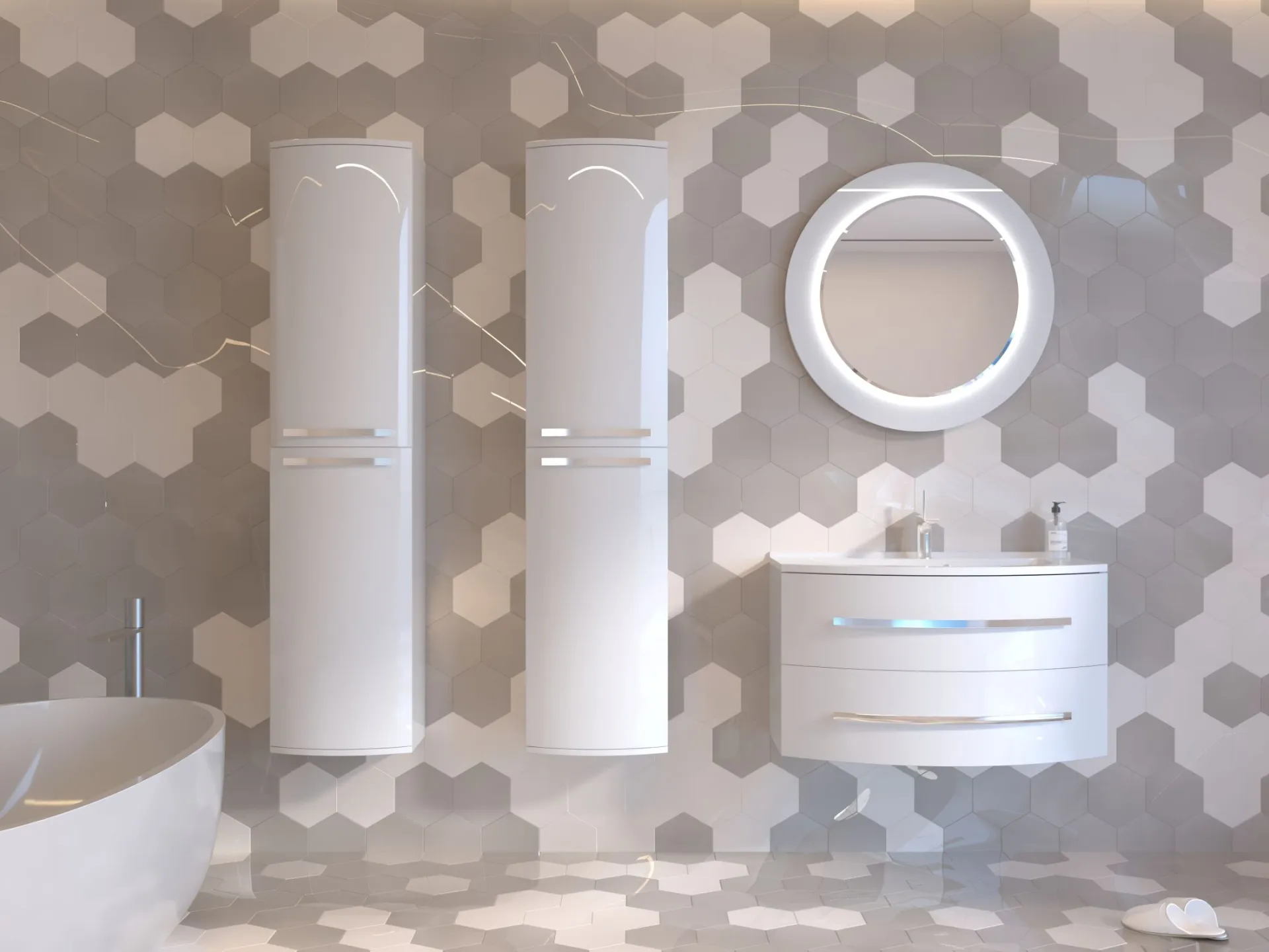Stylish bathroom design featuring hexagonal tiles, modern fixtures, and elegant lighting.