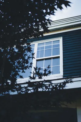 Aesthetic low-angle shot of a house window framed by tree silhouettes, creating an artistic view.
