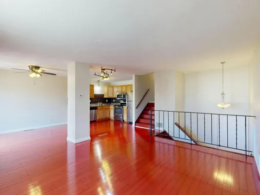 Modern open-concept kitchen with hardwood floors and natural lighting.