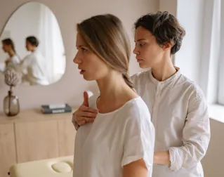 Two women engaging in a therapeutic physical therapy session in a serene indoor setting.