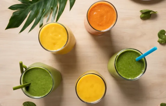 Vibrant smoothies in glasses with fresh fruit garnishes, promoting a healthy lifestyle.