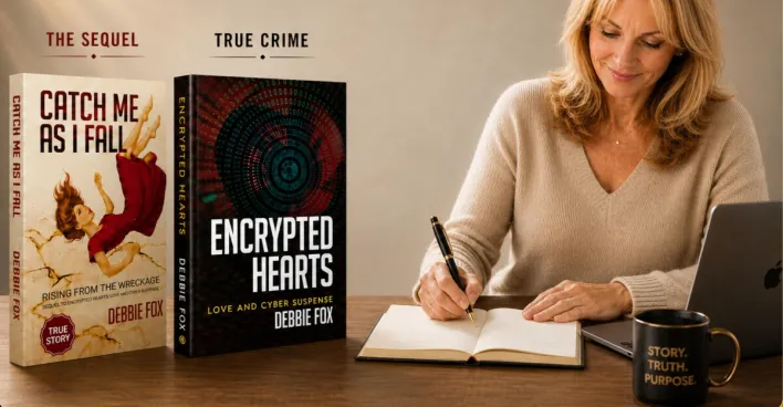 Debbie Fox Author sitting at her desk writing in a journal with her book covers displayed