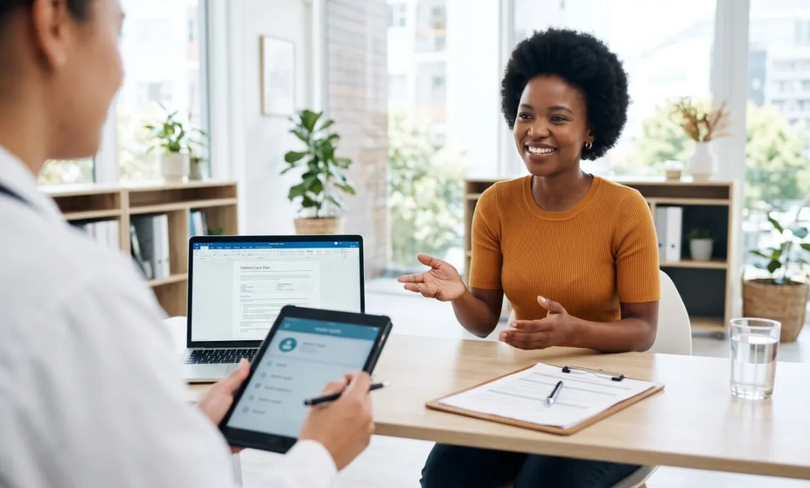 Therapist takes notes during a counseling session with a thoughtful client.