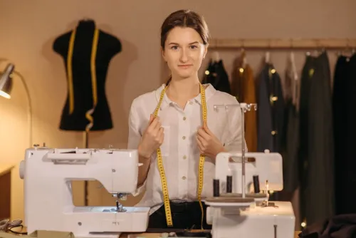 Female seamstress with measuring tape at sewing machine in fashion studio.