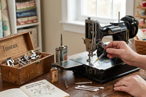 Classic vintage Singer sewing machine in warm-toned sunlight, showcasing retro design.