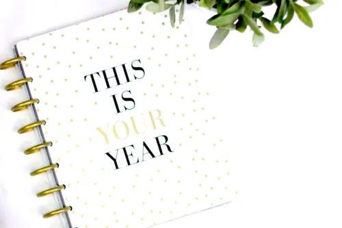 A stylish planner with motivational text and polka dot design, perfect for a fresh start.