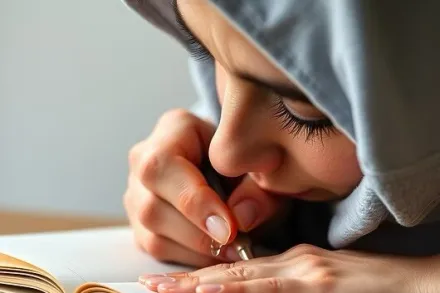 Young Adult woman crying over her journal while writing an emotional narrative of her past looking to a brighter future wearing a gray hoodie