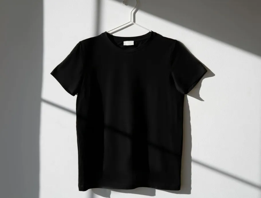 Minimalist image of a black t-shirt on a hanger with dramatic shadows on a white wall.