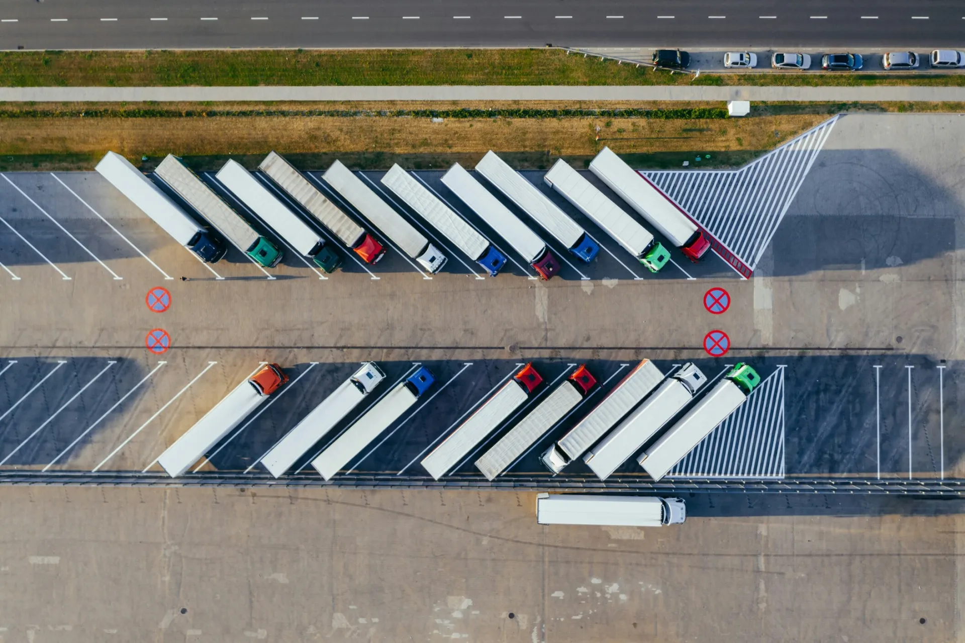 A fleet of semis - airel view