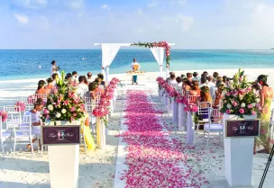 A beautiful outdoor beach wedding setup with rose petals, guests, and ocean view.