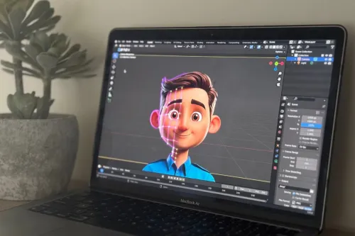 Laptop showing 3D animation in creative workspace with succulent plant.