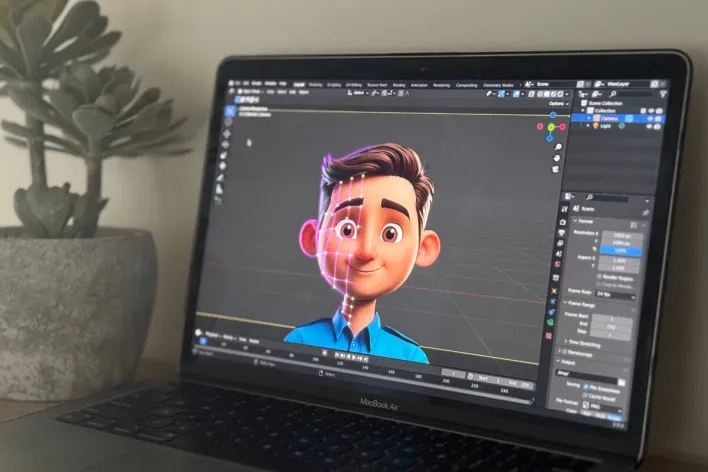Laptop showing 3D animation in creative workspace with succulent plant.