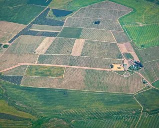 High-angle shot of vast agricultural lands with varying crop patterns in the countryside.