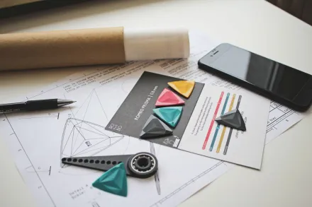 A creative workspace with guitar picks, design plans, and a smartphone on a white table.