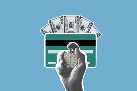 Cut out paper composition of stopwatch in hand of man waiting for money credited to credit card on blue background