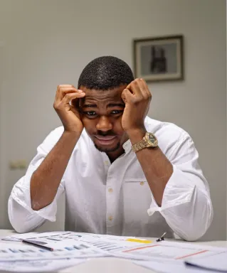 Tensed businessman at desk while coworker is laughing. Office stress concept.