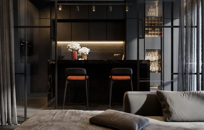 Sleek modern living room featuring luxury furniture and a stylish kitchen.