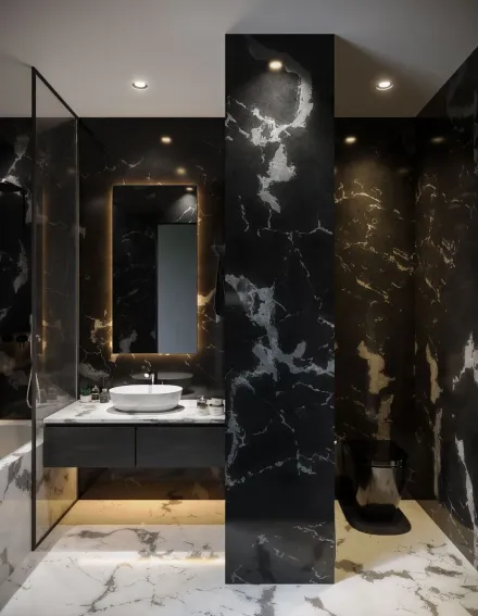 Elegant black marble bathroom featuring contemporary fixtures and stylish design elements.