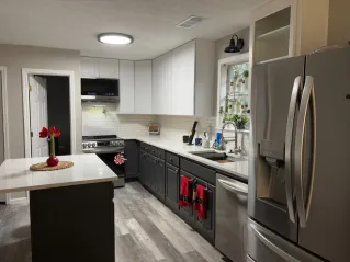 Stylish kitchen featuring contemporary design, an island, and modern appliances.