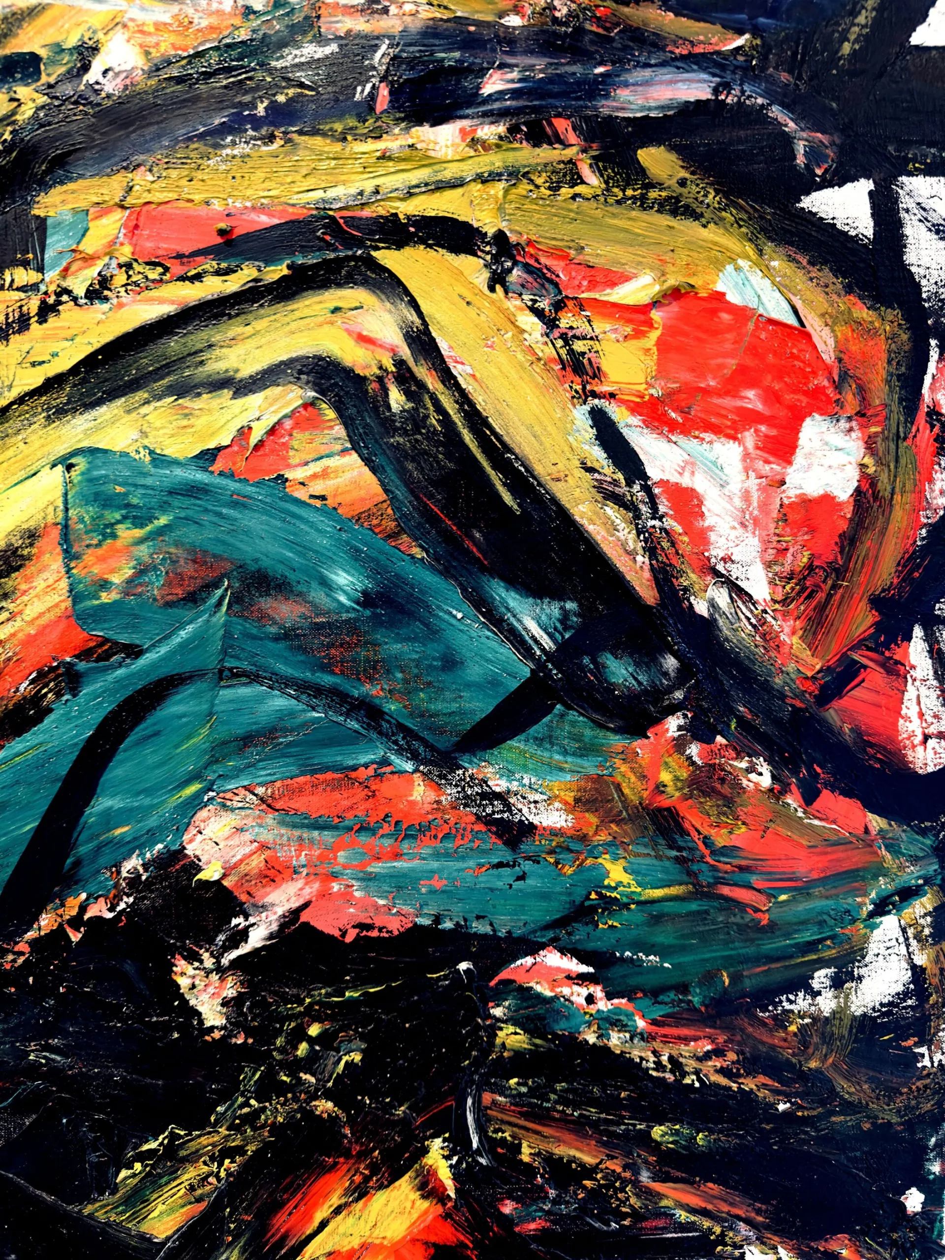 Dynamic abstract expressionism painting with bold brushstrokes and vibrant colors.